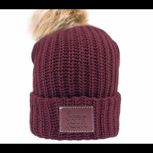 Love Your Melon Maroon Beanie with Brown Leather Label and Fuzzy Top